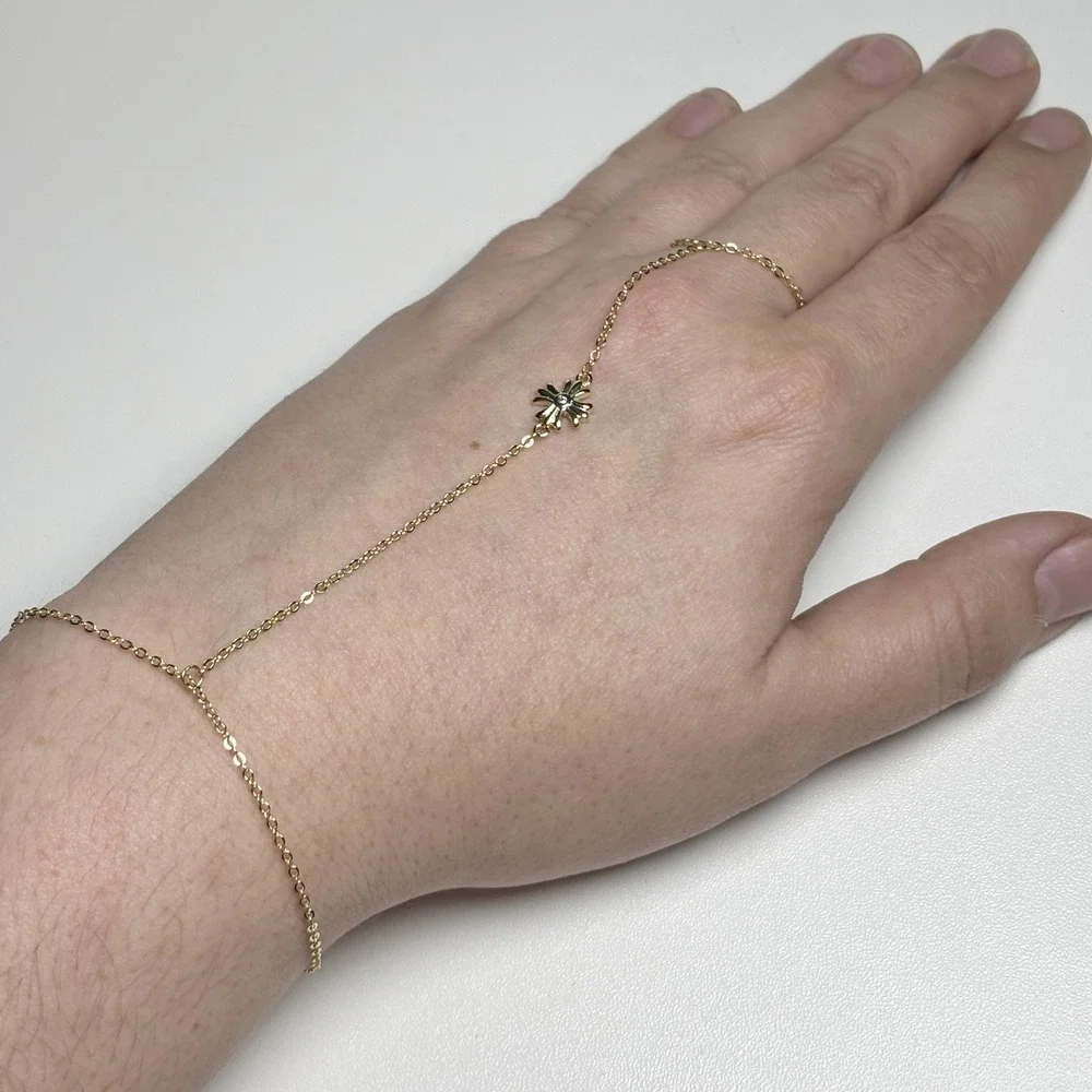 Gold Tone Floral Charm Hand Chain Slave Bracelet‎ Adjustable Boho Minimalist